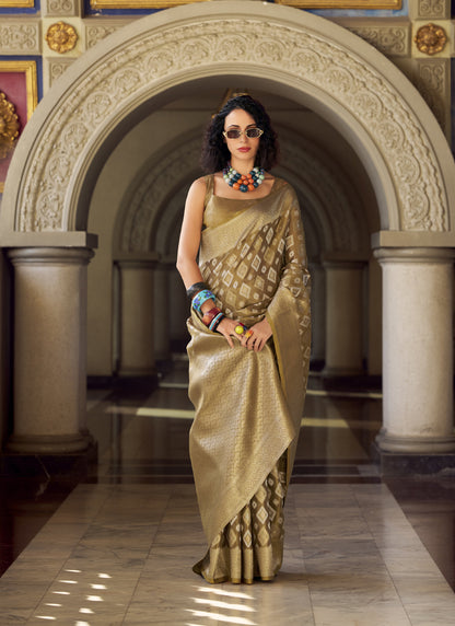 Beige Tissue Silk With Zari Weaving Wedding Wear Saree