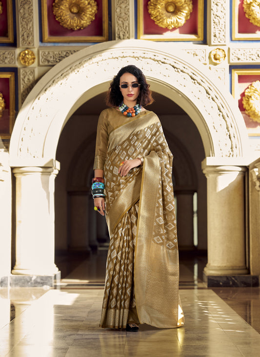 Beige Tissue Silk With Zari Weaving Wedding Wear Saree
