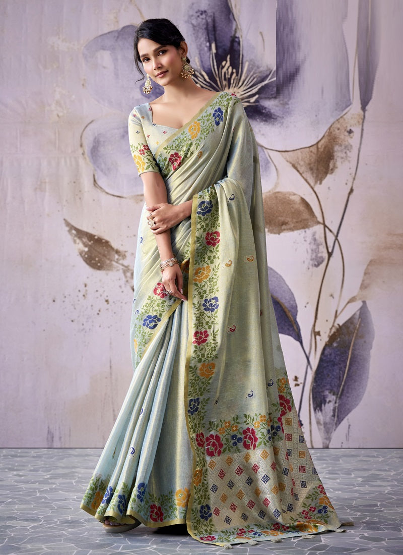 Designer Tissue Silk With Rich Floral Border Saree