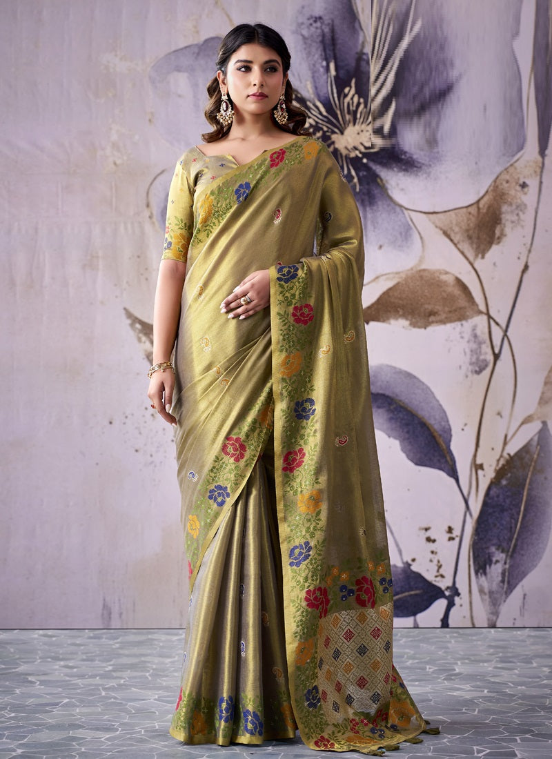 Designer Tissue Silk With Rich Floral Border Saree