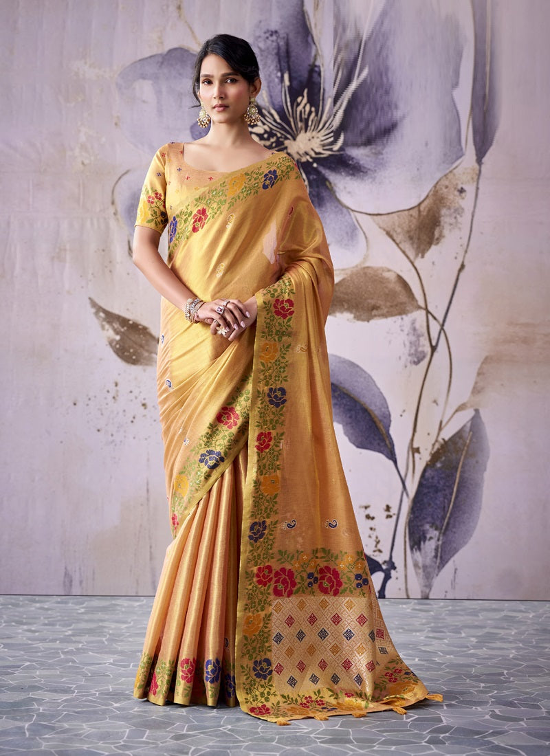 Designer Tissue Silk With Rich Floral Border Saree