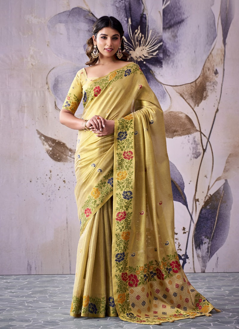 Designer Tissue Silk With Rich Floral Border Saree