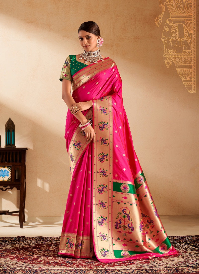 Rani Pink Paithani Silk Woven Work With Beautiful Zari Butti In All Over Saree