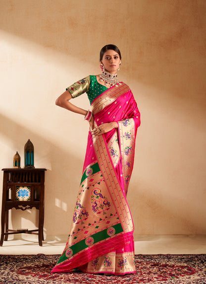 Rani Pink Paithani Silk Woven Work With Beautiful Zari Butti In All Over Saree