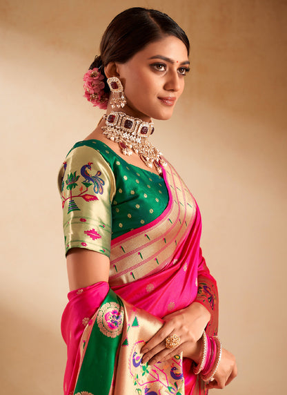 Rani Pink Paithani Silk Woven Work With Beautiful Zari Butti In All Over Saree
