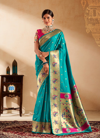 Turquoise Paithani Silk Woven Work With Beautiful Zari Butti In All Over Saree