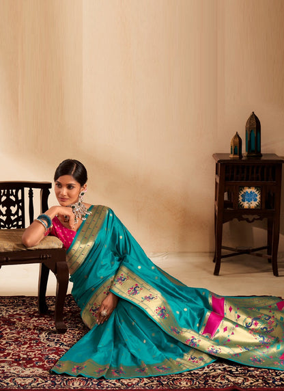 Turquoise Paithani Silk Woven Work With Beautiful Zari Butti In All Over Saree