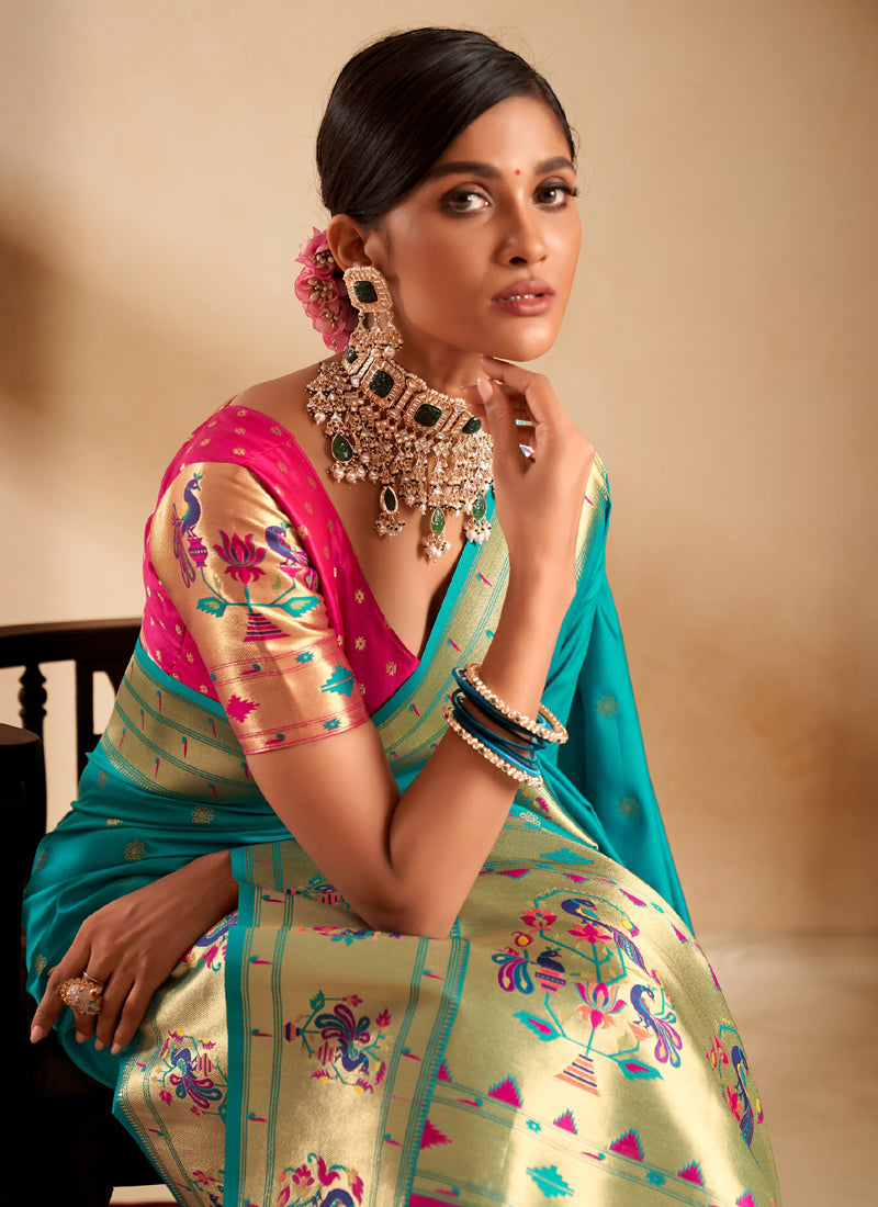 Turquoise Paithani Silk Woven Work With Beautiful Zari Butti In All Over Saree