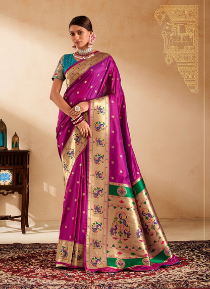 Magenta Paithani Silk Woven Work With Beautiful Zari Butti In All Over Saree