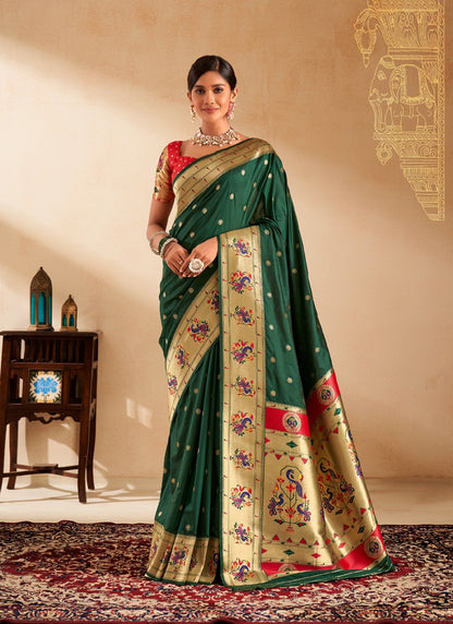 Green Paithani Silk Woven Work With Beautiful Zari Butti In All Over Saree