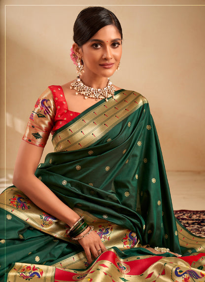 Green Paithani Silk Woven Work With Beautiful Zari Butti In All Over Saree