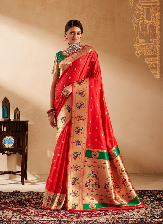 Red Paithani Silk Woven Work With Beautiful Zari Butti In All Over Saree