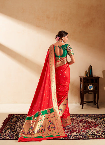 Red Paithani Silk Woven Work With Beautiful Zari Butti In All Over Saree