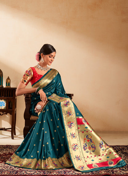 Peacock Green Paithani Silk Woven Work With Beautiful Zari Butti In All Over Saree