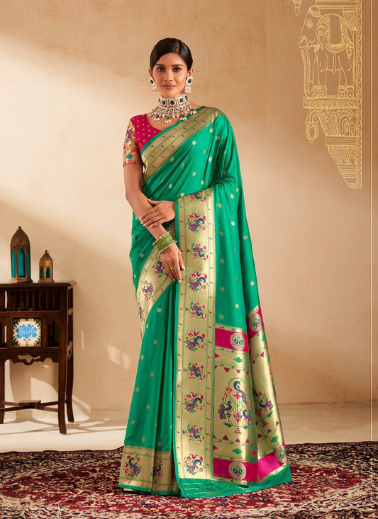 Green Paithani Silk Woven Work With Beautiful Zari Butti In All Over Saree