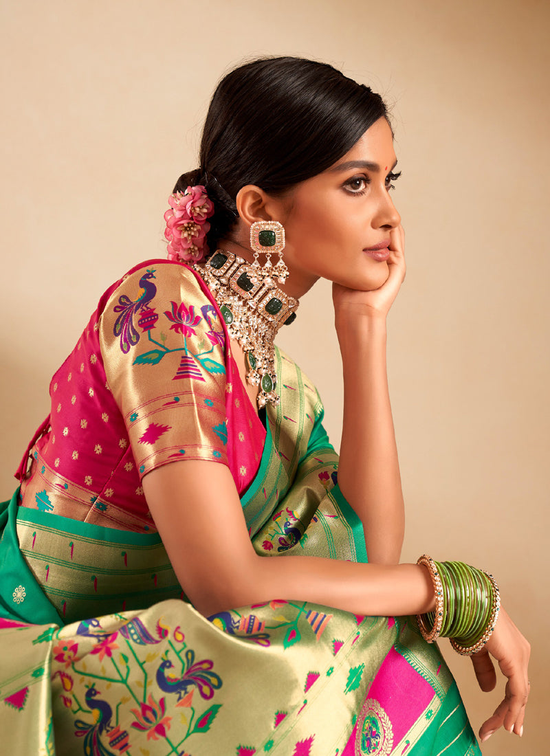 Green Paithani Silk Woven Work With Beautiful Zari Butti In All Over Saree