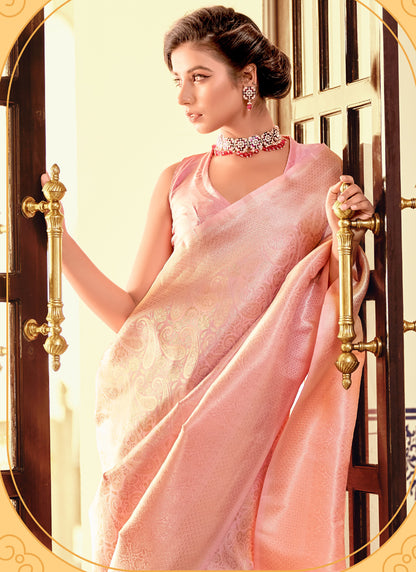 Light Peach Kanchipuram Silk Weaving With Tassels Beautiful Saree