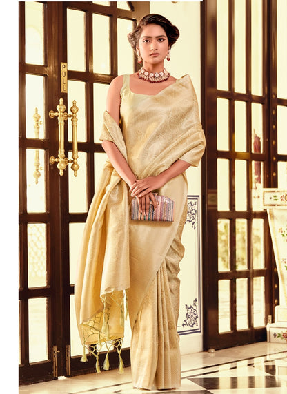 Cream Kanchipuram silk Weaving With Tassels Beautiful Saree