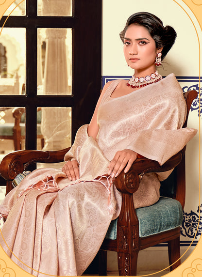 Beige Kanchipuram Silk Weaving With Tassels Beautiful Saree
