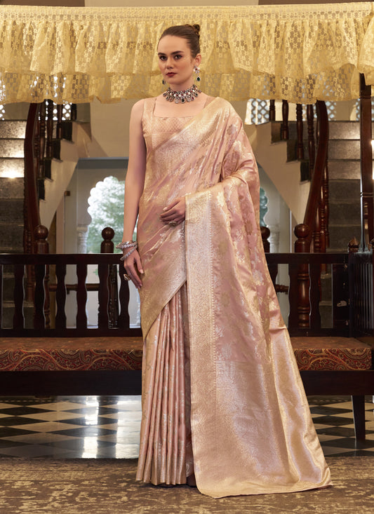Light Peach Soft Satin Silk Zari Weaving Beautiful Saree
