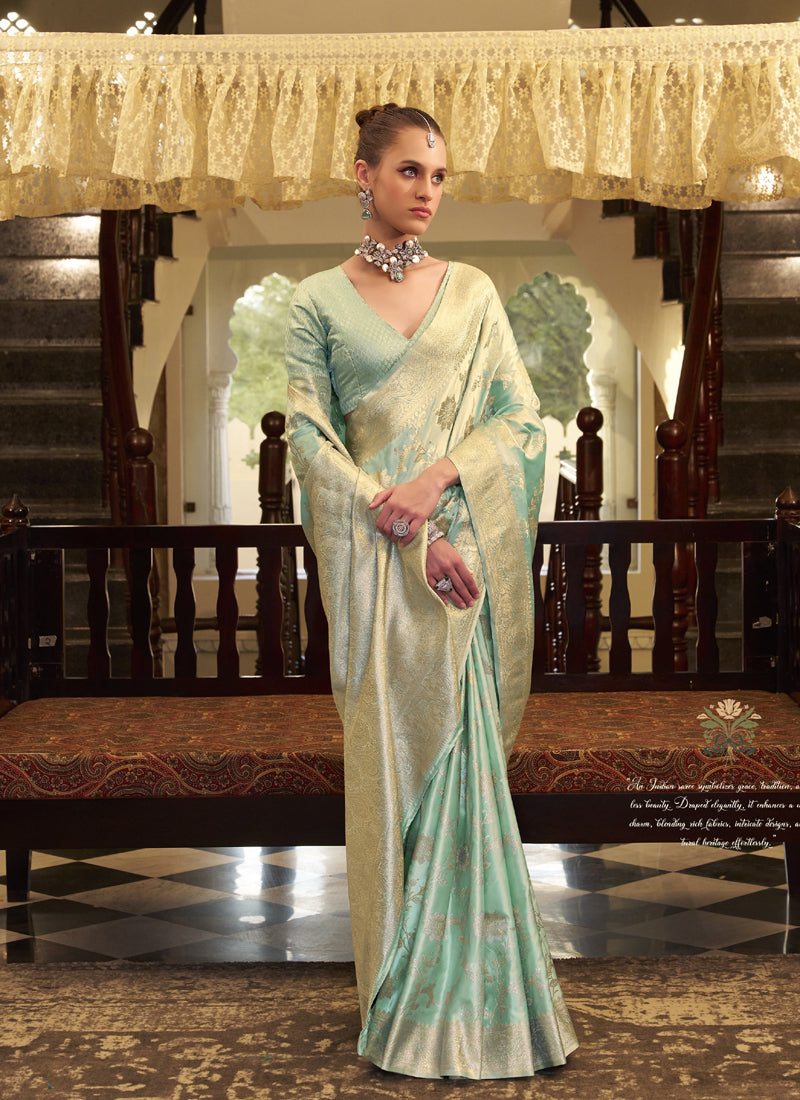 Light Turquoise Soft Satin Silk Zari Weaving Beautiful Saree
