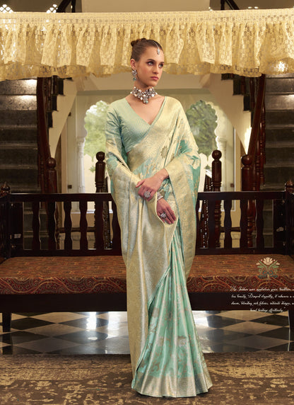 Light Turquoise Soft Satin Silk Zari Weaving Beautiful Saree