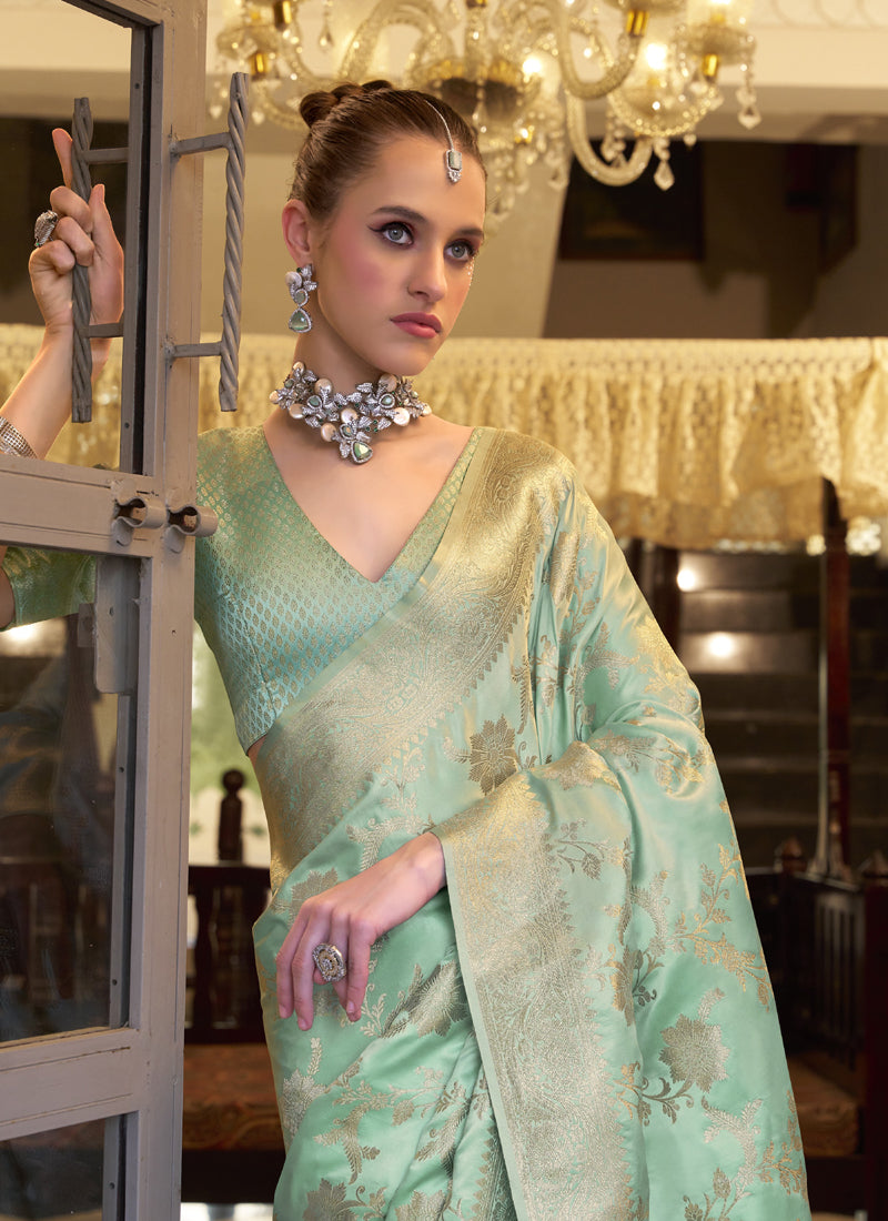 Light Turquoise Soft Satin Silk Zari Weaving Beautiful Saree