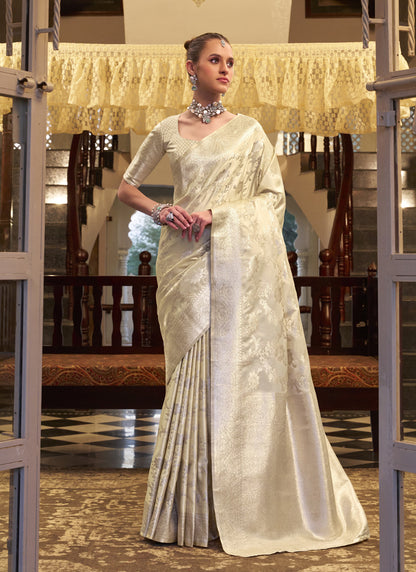 Off White Soft Satin Silk Zari Weaving Beautiful Saree