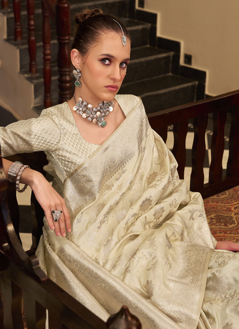 Off White Soft Satin Silk Zari Weaving Beautiful Saree