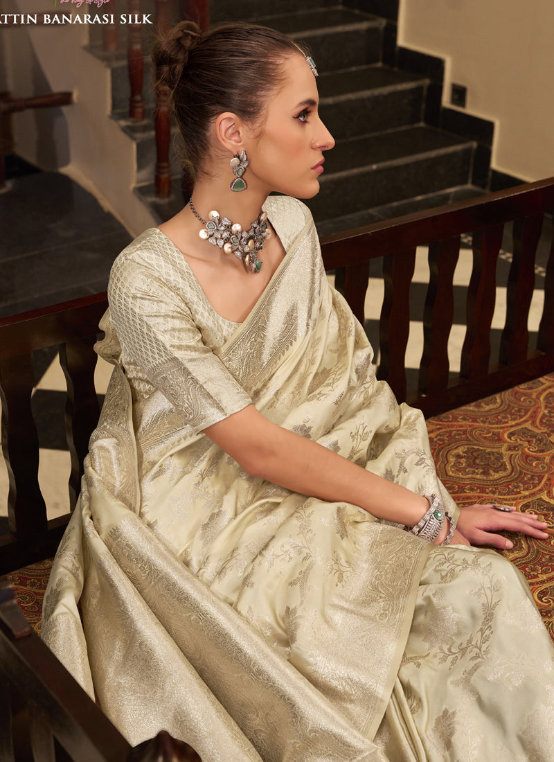 Off White Soft Satin Silk Zari Weaving Beautiful Saree