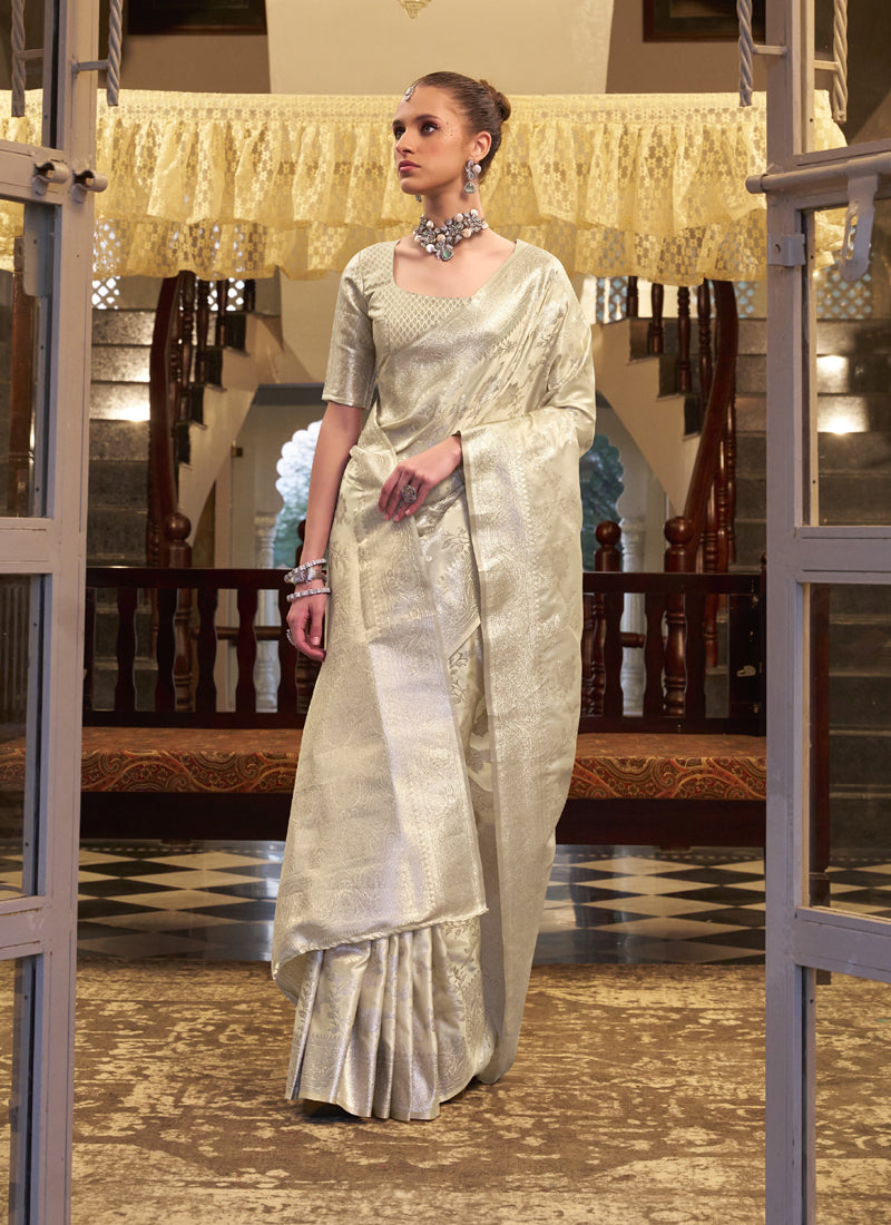Off White Soft Satin Silk Zari Weaving Beautiful Saree
