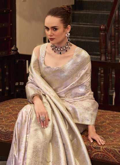 Beige Soft Satin Silk Zari Weaving Beautiful Saree