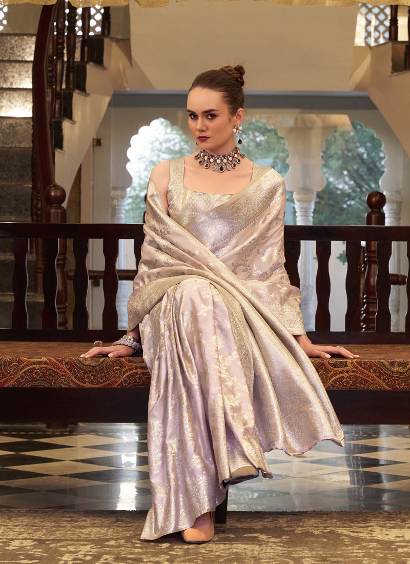 Beige Soft Satin Silk Zari Weaving Beautiful Saree