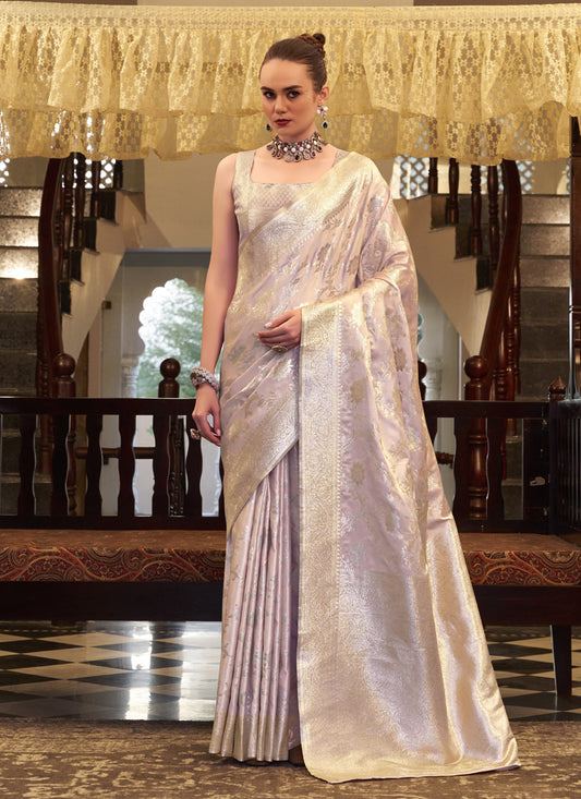 Beige Soft Satin Silk Zari Weaving Beautiful Saree