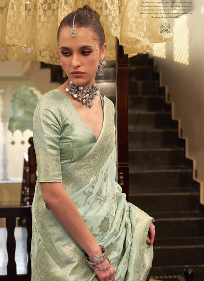 Light Pista Soft Satin Silk Zari Weaving Beautiful Saree