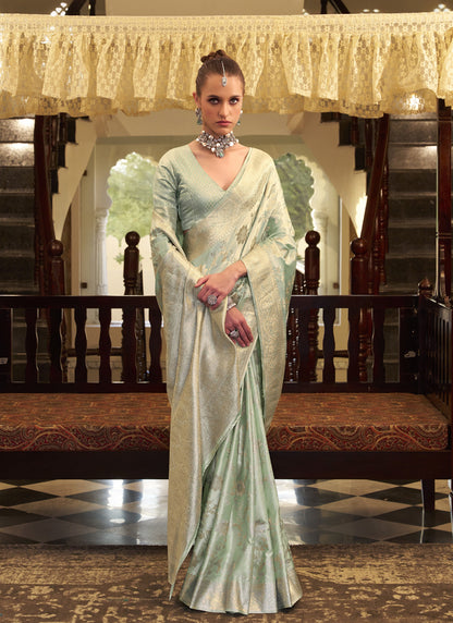 Light Pista Soft Satin Silk Zari Weaving Beautiful Saree