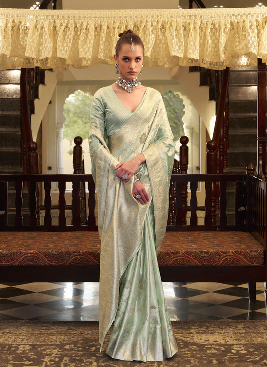 Light Pista Soft Satin Silk Zari Weaving Beautiful Saree