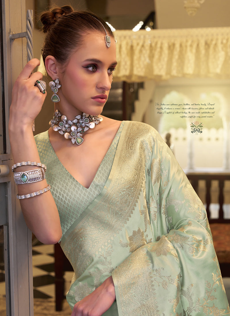 Light Pista Soft Satin Silk Zari Weaving Beautiful Saree
