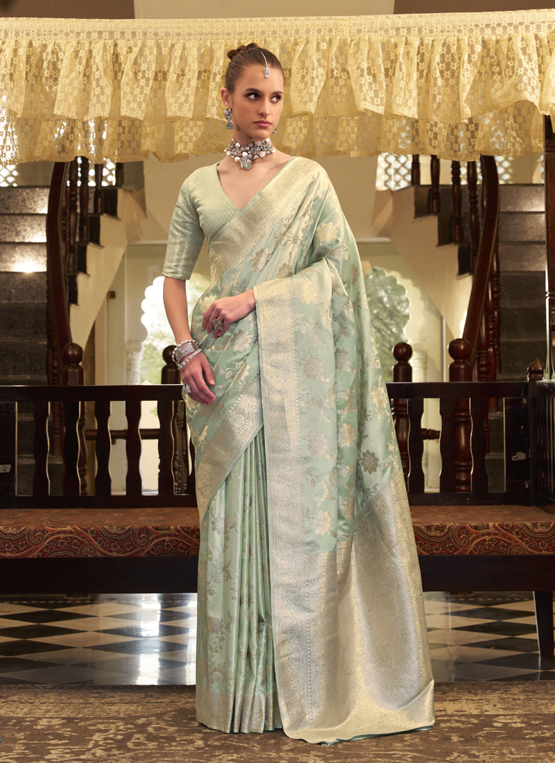 Light Pista Soft Satin Silk Zari Weaving Beautiful Saree