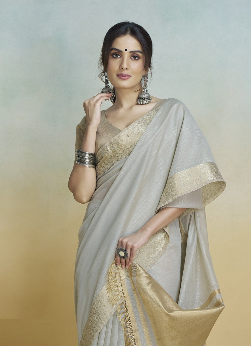 Off-White Khadi Silk With Beautiful Tussle Casual Wear Saree