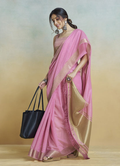 Pink Khadi Silk With Beautiful Tussle Casual Wear Saree