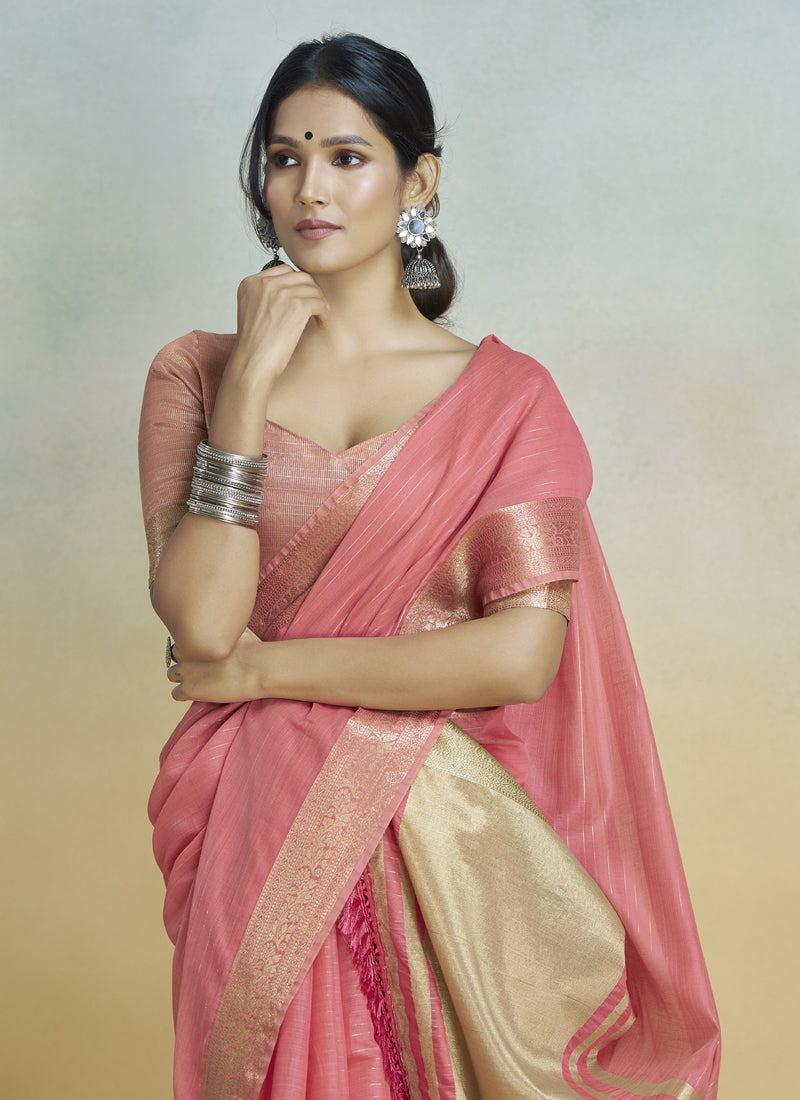 Peach Khadi Silk With Beautiful Tussle Casual Wear Saree
