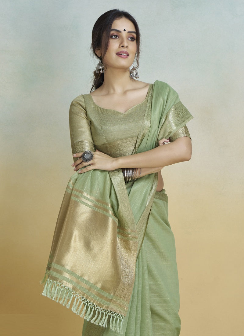 Pista Khadi Silk With Beautiful Tussle Casual Wear Saree