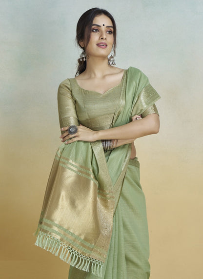 Pista Khadi Silk With Beautiful Tussle Casual Wear Saree