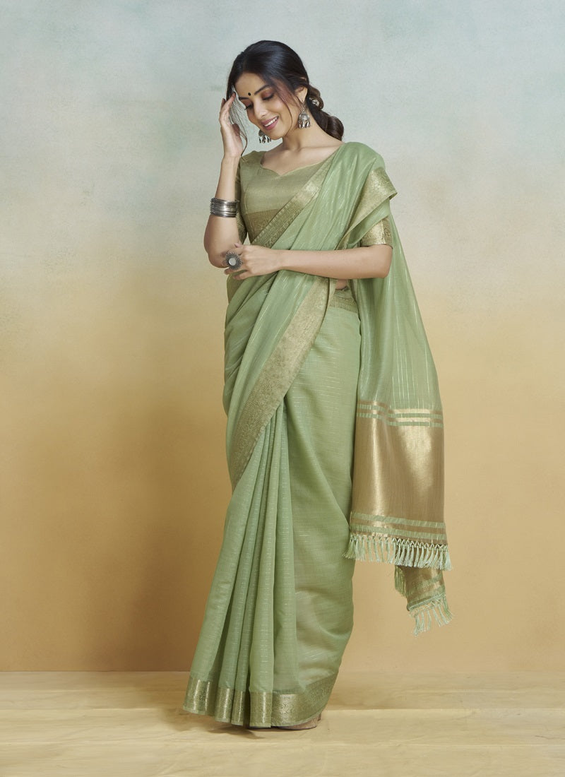Pista Khadi Silk With Beautiful Tussle Casual Wear Saree
