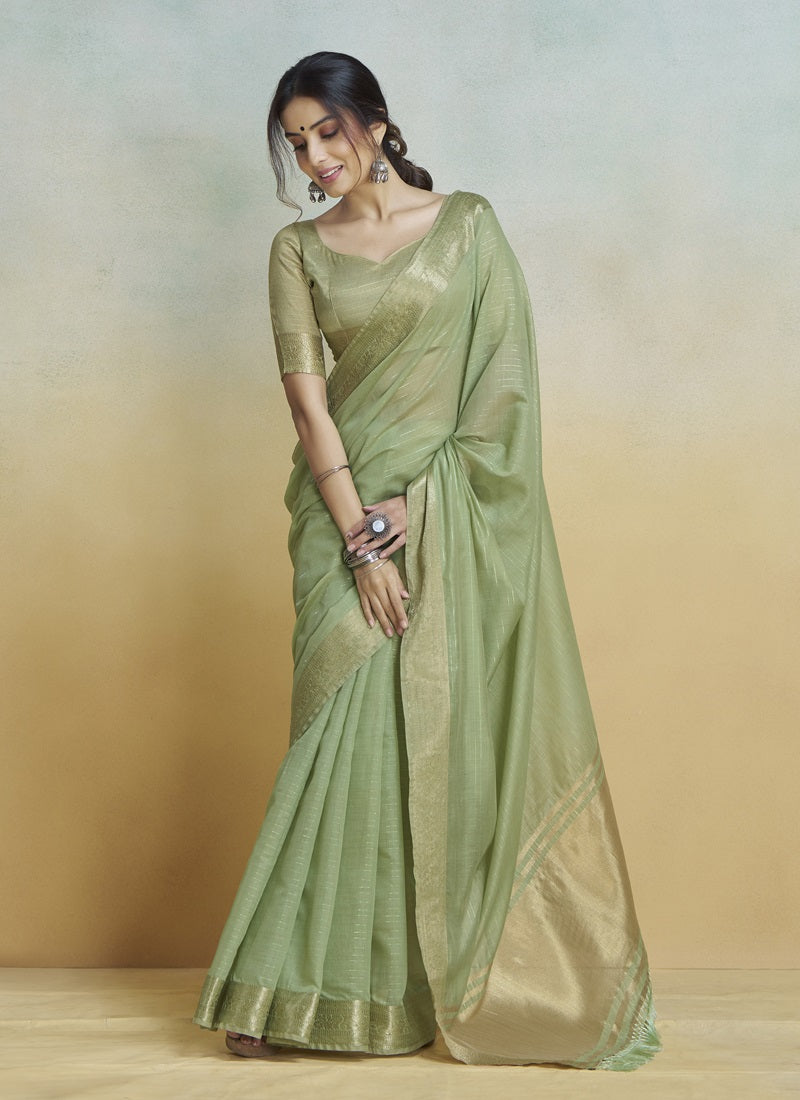 Pista Khadi Silk With Beautiful Tussle Casual Wear Saree
