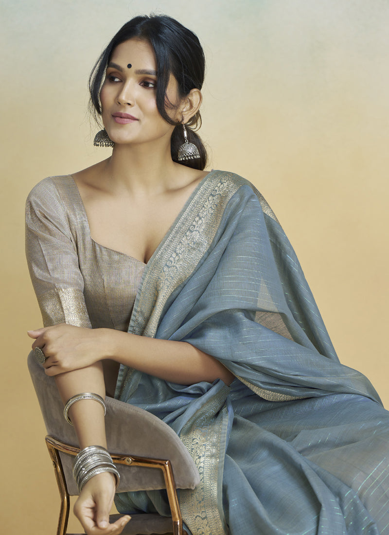 Gray Khadi Silk With Beautiful Tussle Casual Wear Saree