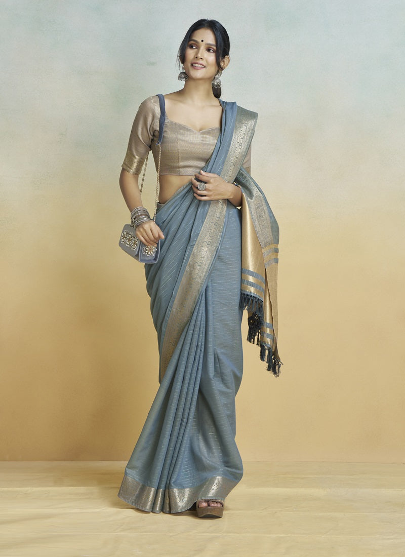 Gray Khadi Silk With Beautiful Tussle Casual Wear Saree