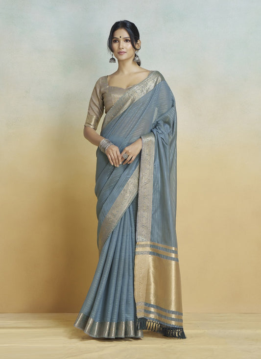 Gray Khadi Silk With Beautiful Tussle Casual Wear Saree