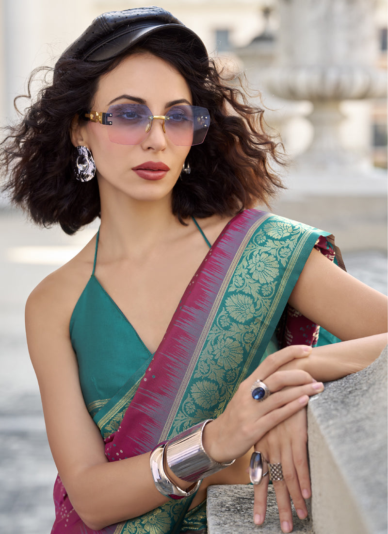 Rani Pink & Peacock Green Soft Silk Bandhani Print Beautiful Border Saree